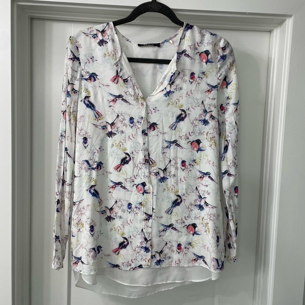 Esprit blouse tunic bird print boho hippie white elegant unique Sz S watercolor - Picture 2 of 5